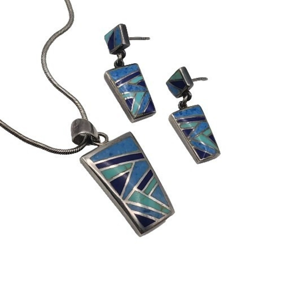 Vintage Sterling Torquoise Lapis Inlay Western Reversable Pendant Earrings Set